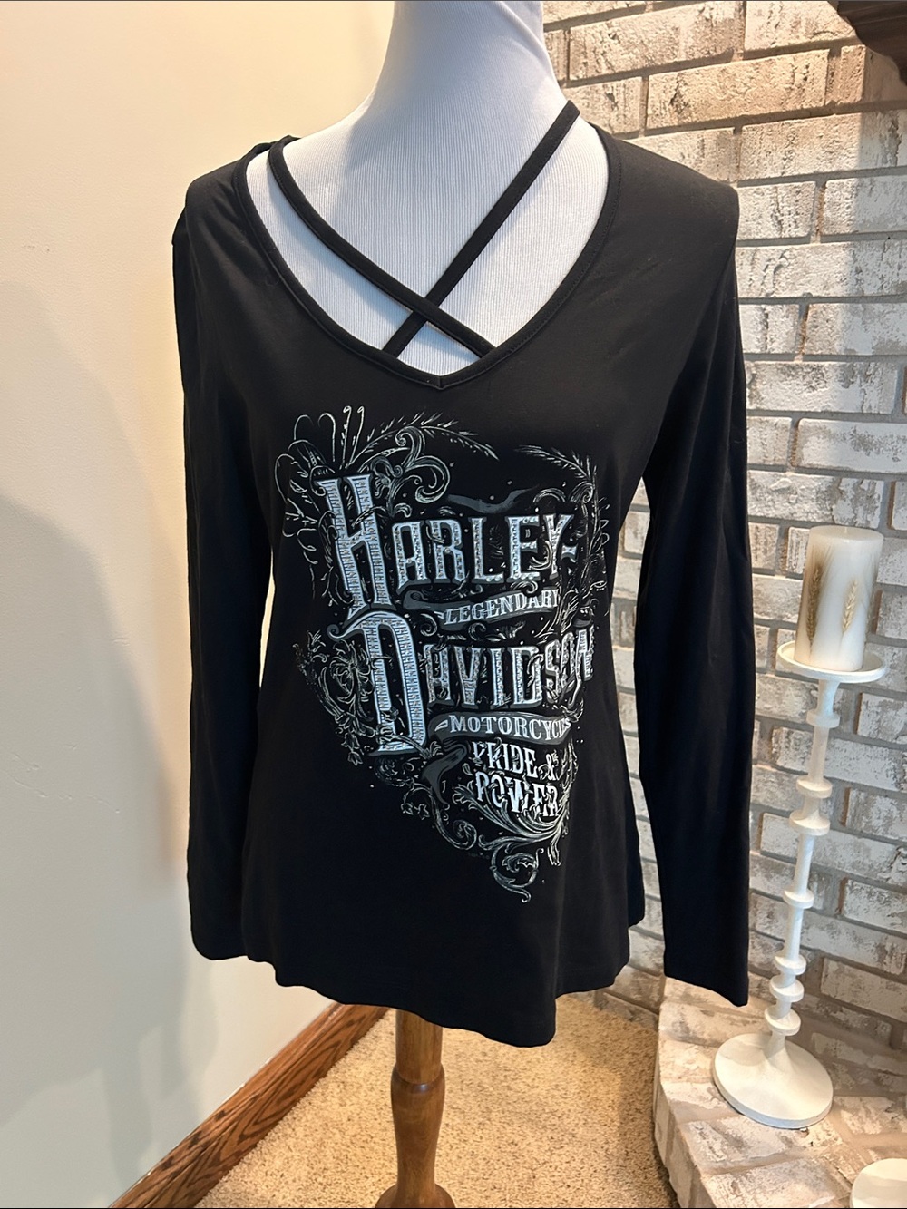 Harley-Davidson Black Long-Sleeve V-Neck Graphic Top with Crisscross Detail
